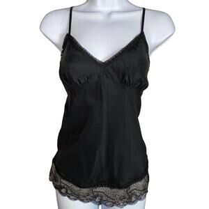 Y2K 100% Silk Femme Fatal Black Cami with Lace Trim